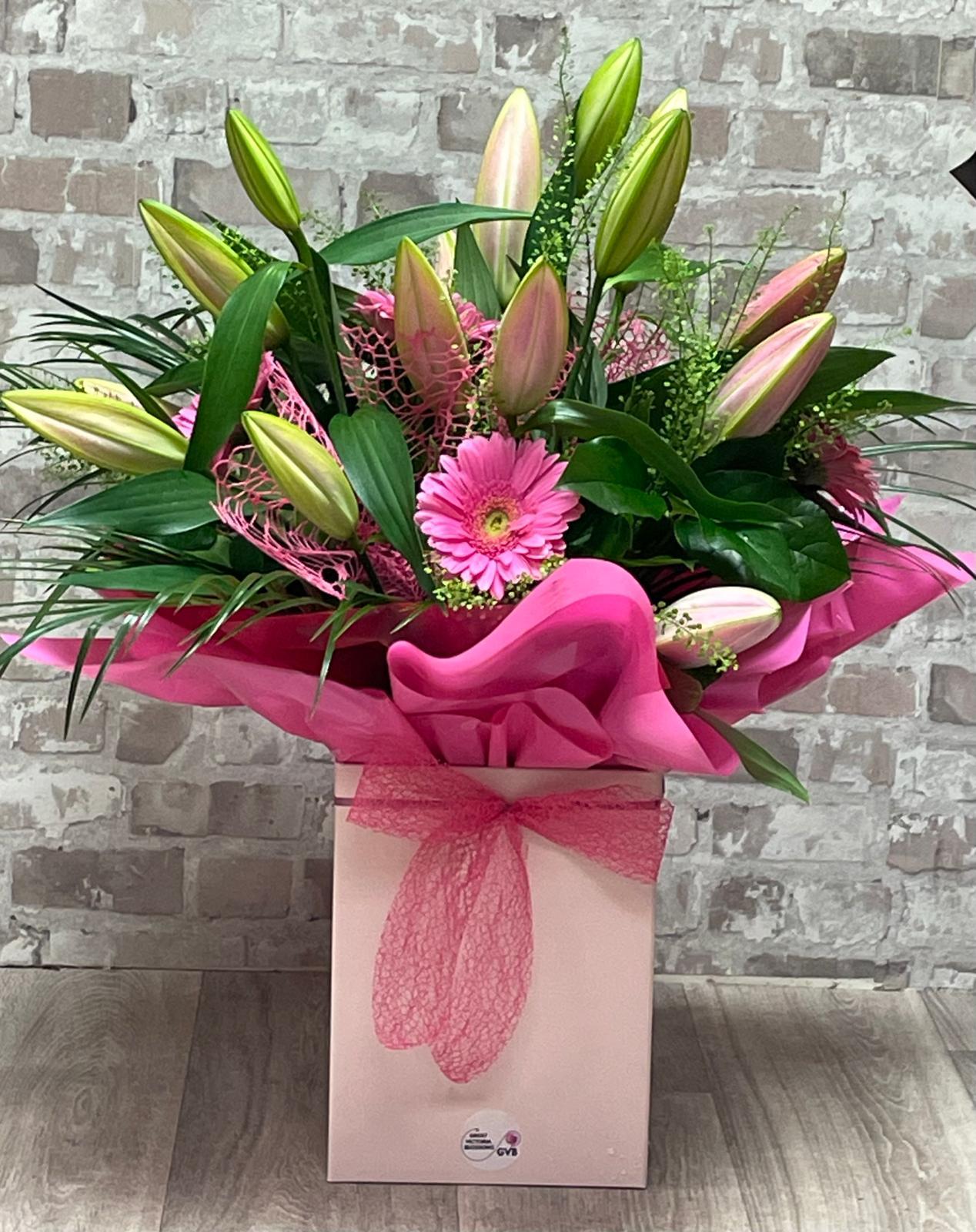 PINK LILIES  AND GERBERAS HANDTIED