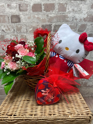 HELLO KITTY 30cm , RED BOW GIFT SET IN BASKET