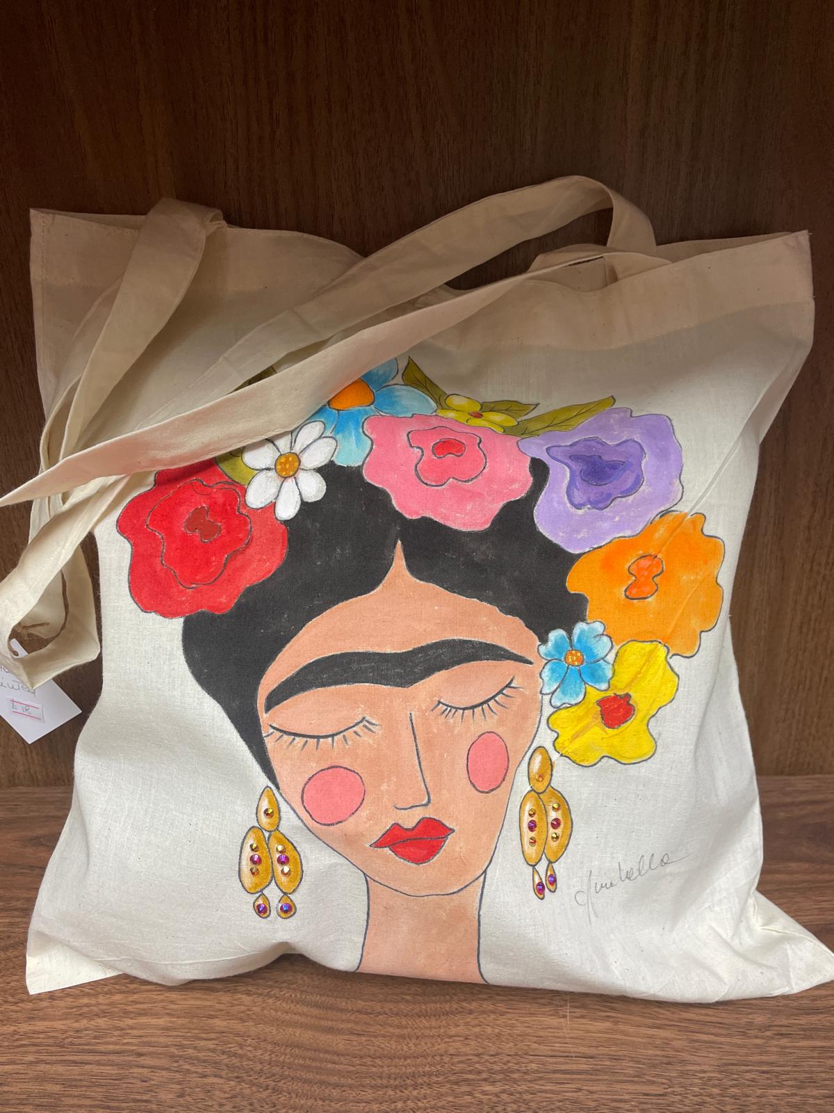 FRIDA KAHLO, cartoon style, HAND-PAINTED TOT BAG