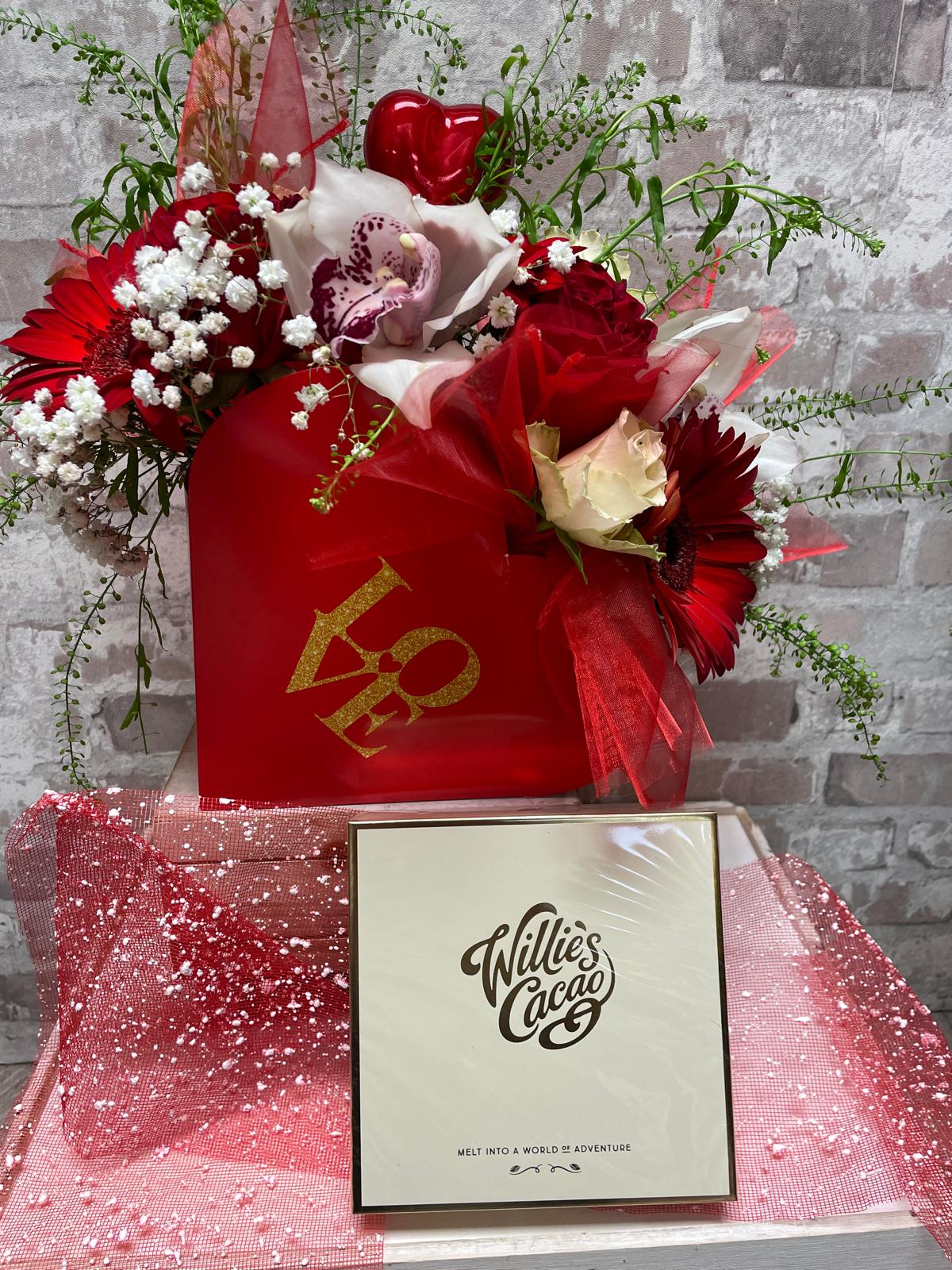 LOVE BOX- HEART SHAPE BOX with flowers and MILK AND DARK CHOCOLATE PRALINE TRUFFLES