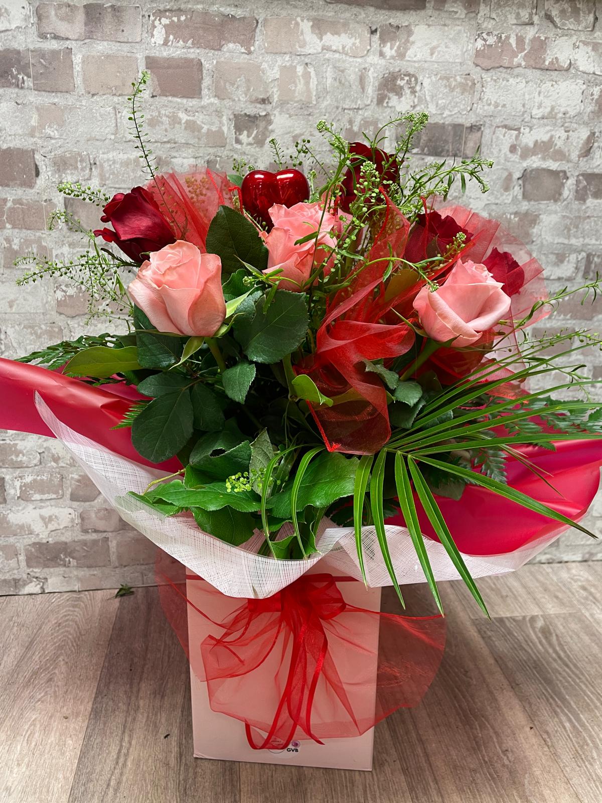 WHISPER OF LOVE -12 RED AND PINK ROSES BOUQUET-
