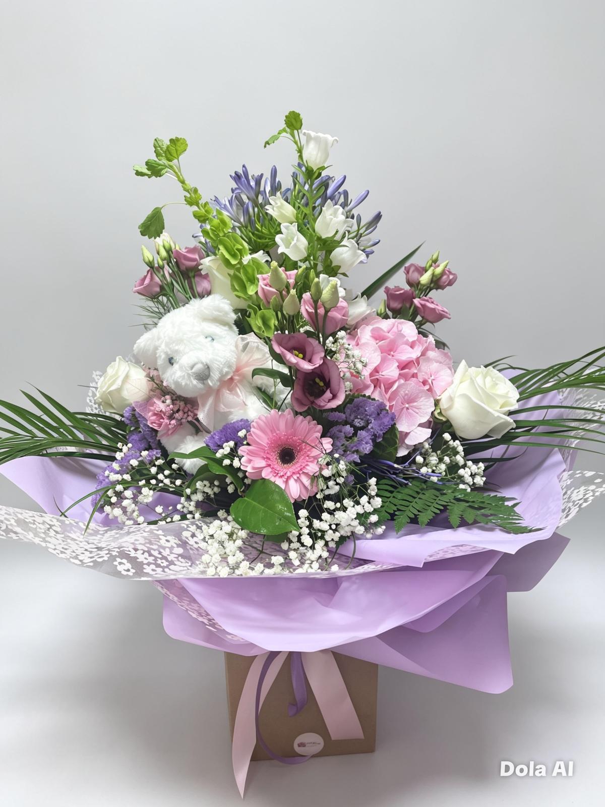 Enchanted Blossom Luxury Bouquet with Plush Bear