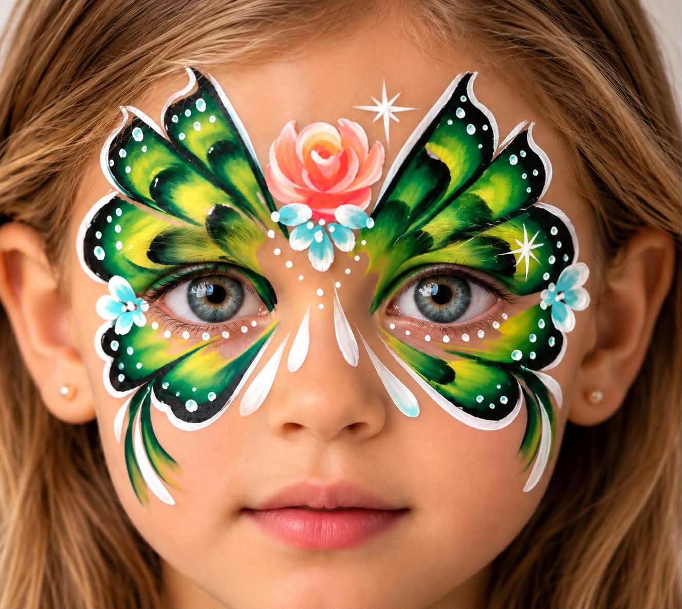 Green and blue butterfly face painting with a coral flower