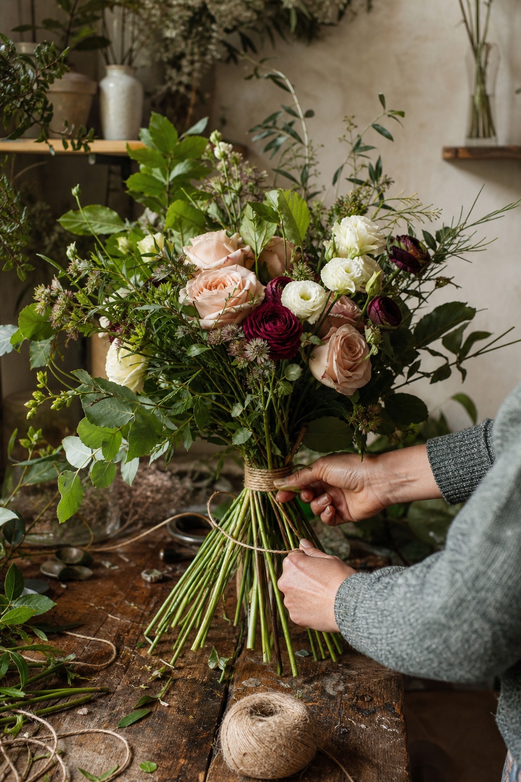 Florist hands tying a garden-style bouquet in an artisan flower studio