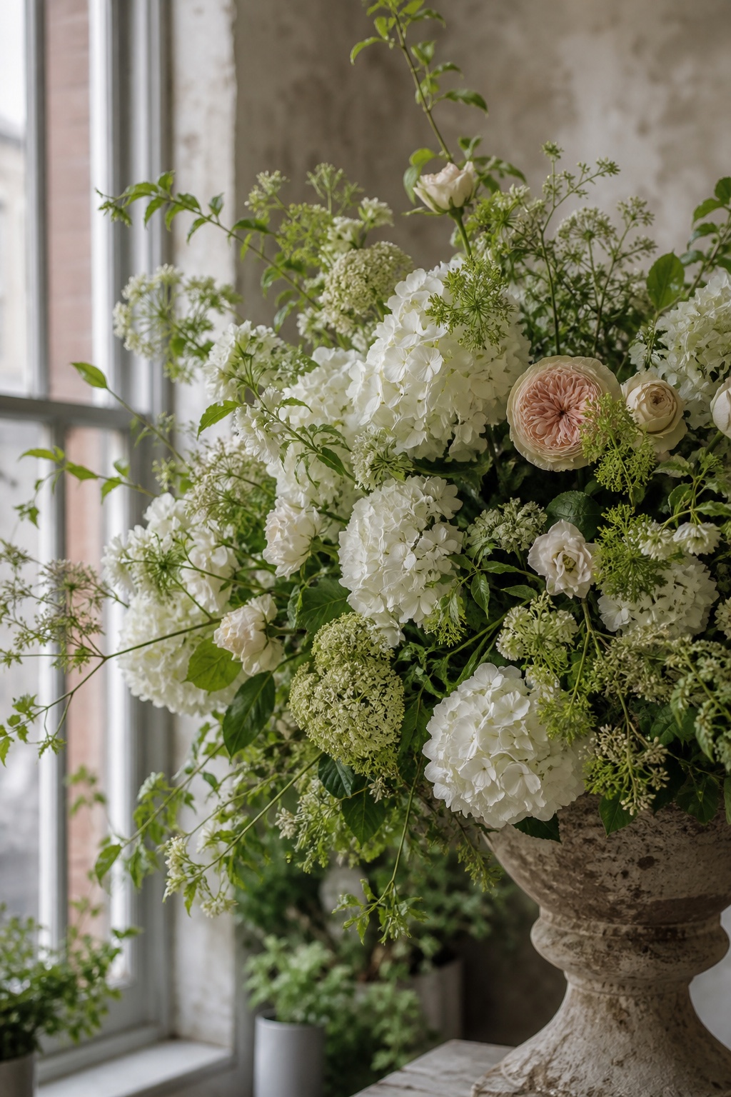 White hydrangea, blush roses and green foliage arranged in a weathered stone urn