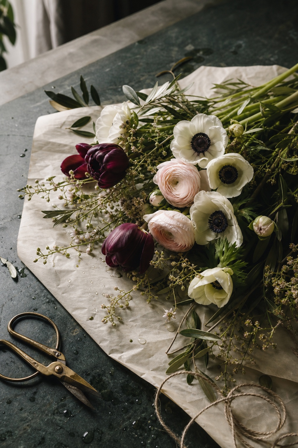 Seasonal anemones, ranunculus and tulips arranged on an ivory florist paper worktable